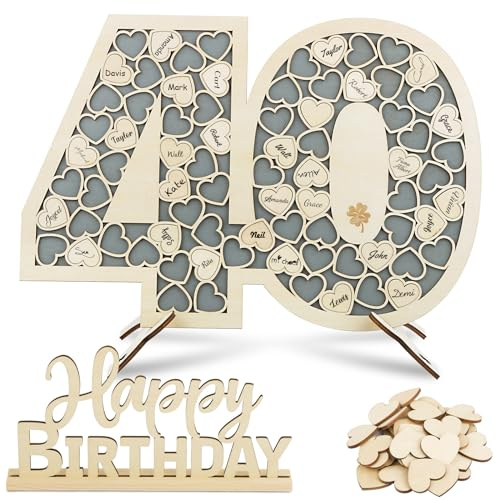BOFUNX Libro Firmas de Visitas para Cumpleaños 40 Años Tarjeta Felicitación de Madera+80pcs Corazones para Escribir+Letrero de Número 40 Happy Birthday Regalo Feliz Cumpleaños Decoración Mesa Hogar