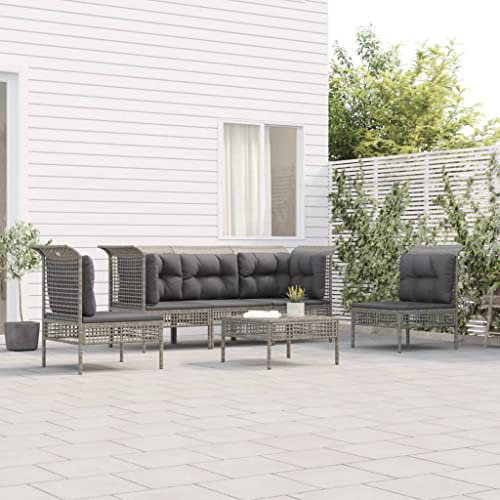 QZZCED Balkonmöbel-Set Gartenmöbel-Sets Garten-Loungemöbel Terrassengarnitur 6-TLG. Garten-Lounge-Set mit Kissen Grau Poly Rattan für Garten, Terrasse und Balkon