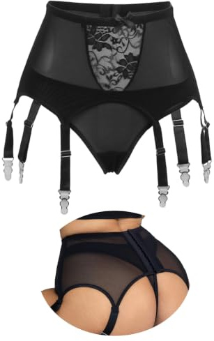 ohyeahlady Porte Jarretelle Ensemble Grande Taille Tenue Femme Porte Jartelle Dentelle Guepiere Ensemble Porte Jarretelles Complet avec G-String M,Noir