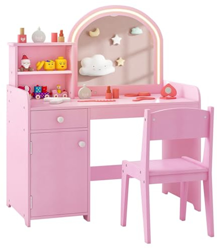 GOPLUS 2-i-1 sminkbord för barn, sminkbord och stol med hylla, låda och skåp, prinsessa, toalettbord med spegel och tvåfärgade LED-lampor, för barn från 3 år (rosa)