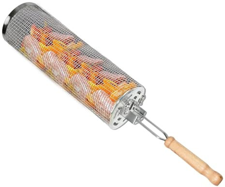Rolling Baskets Barbecue Net Tube | Rolling BBQ Cage | Stainless Steel Roasting Basket Cylinder for Vegetables, Meat, Vegetables, Fish