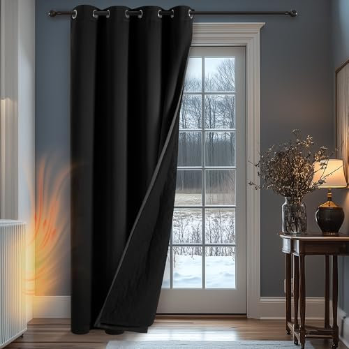 Deconovo Thermal Door Curtains for Winter, Window Panel with Thick Microfiber Lining, Draught Reduction Eyelet Blackout Curtain for Bedroom, 52 x 90 Inch (W x H), Black, 1 Piece