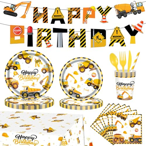 194Pcs Construction Plates Birthday Party Supplies Decorations Serve 24 | Includes Napkins Cups Tablecloth and Banner | Boys Construction Themed Birthday Party