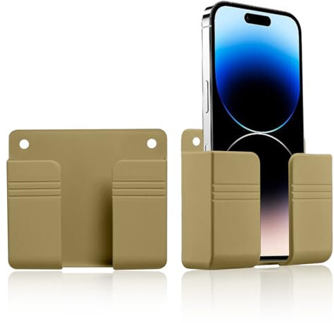 2 Pcs Wall Mount Phone Holder, Self-adhesive Mobile Phone Charger Holder, Cell Phone Adhesive Bedside Shelf Wall Mount Stand for Charger, TV Remote Holder Storage Box Universal (Gold)
