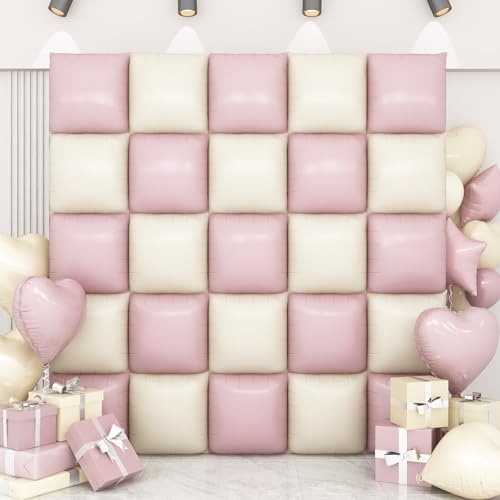 Pink White Square Foil Balloon Wall,25Pcs Double Sided Helium Balloon Backdrop Tunnel Arch Garland Kit for Birthday Bridal Anniversary Baby Shower Party Decorations