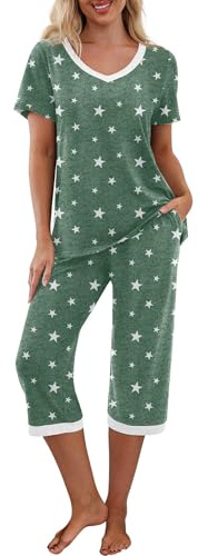 PrinStory Set pigiama da donna a maniche corte con maglietta e pantaloni Capri, abbigliamento da casa con tasche, M