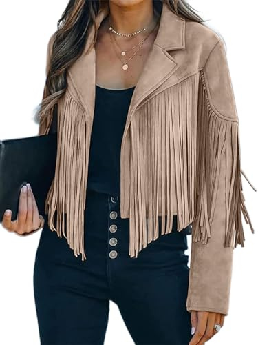 Bibowa Faux Leather Jackets For Women Trendy Cowgirl Outfits Fall Western Fringe Cropped Jacket 2026 Tassel Motorcycle Crop Coats Winter Apricot XL