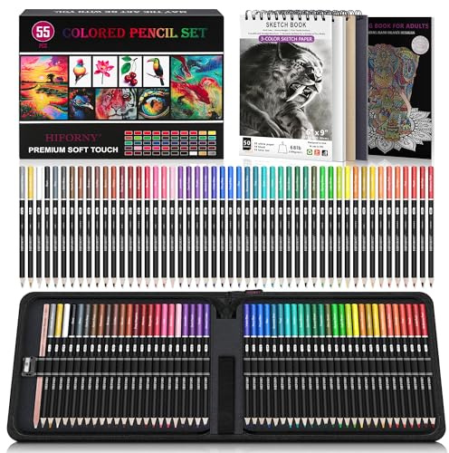 HIFORNY Ensemble de 55 crayons de couleur pour adultes – 50 crayons de couleur à noyau doux avec un carnet de croquis, un livre de coloriage, un estompoir, un taille-crayon et une carte de couleur