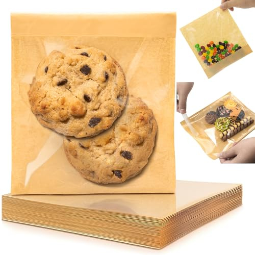 100 Pack Self Sealing Cookie Bags with Seal, 5.9x6.5 Inch Paper Bakery Bags with Window, Grease Resistant To Go Sleeves for Packaging Donut, Snack, Scone, Brownie, Small Pastries and other Treats