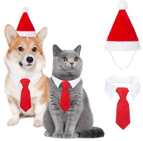 MELLIEX 2 Pezzi Costume di Natale per Animali Domestici, Natalizio Costumi Cappello da Babbo Natale e Papillon Regolabile per Cane Gatto（Piccolo）