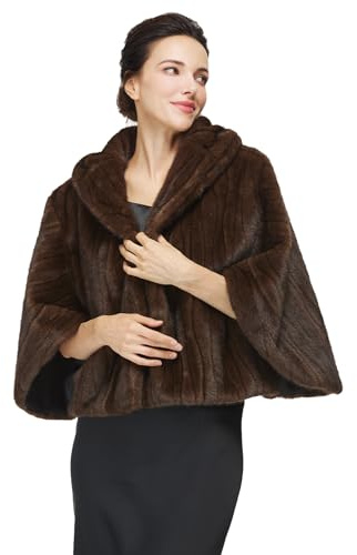 BEAUTELICATE Women’s Faux Fur Cape Bolero Winter Wedding Coat Jacket Bridal Bridesmaid Shawl Wrap With Dolman Sleeve Ivory Grey Brown