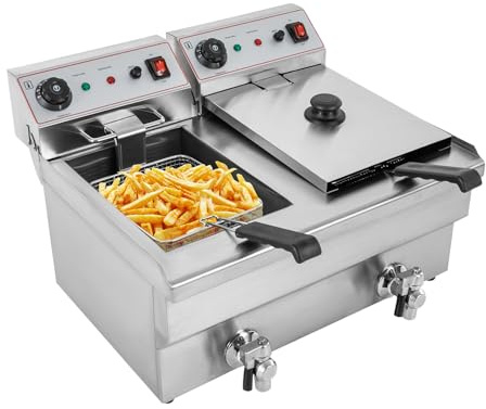 DAHAD Friggitrice elettrica doppia 2 x 10 l, in acciaio inox 6000 W, friggitrice professionale con 2 cestini, controllo della temperatura, rubinetto di scarico e zona fredda, friggitrice Gastro per