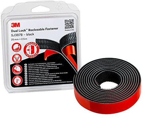 3M Dual Lock SJ387B, wiederlösbares Befestigungssystem - gute Haftung auf Metallen, Pulverlackbeschichtungen und Kunststoffen wie Acrylat und ABS - 25mm x 2.5m, Schwarz, Dicke: 6.1mm (1-er Pack)