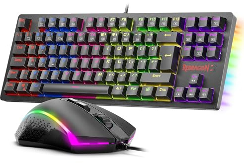 Redragon S113 Wired Mechanical Gaming Keyboard and Mouse Combo, UK Layout, LED Rainbow Backlit with Brown Switches and RGB Mouse 4200 DPI, 7 programmable buttons for Windows/Mac