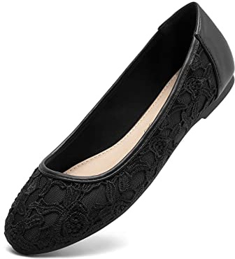 Greatonu - Bailarinas Planas de Novia Cerradas para Mujer, de Encaje, Negro con Forro,Talla 36 EU