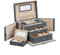 SONGMICS Schmuckkästchen 3 Ebenen, Schmuckkasten 2 Schubladen, tragbare Mini-Box für Reisen, mit Griff, abschließbar, Geschenkidee, PU-Bezug in Schiefergrau, Innenfutter in Sandbeige JBC121G01