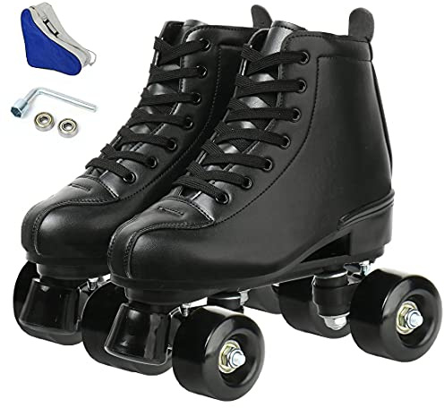 XUDREZ Adjustable Soft Leather High-Top Roller Skates - Four-Wheel Fun Shiny Skates for Adult, Boys, Girls (Black Black Wheel, Women's 8 / Men's 6.5)