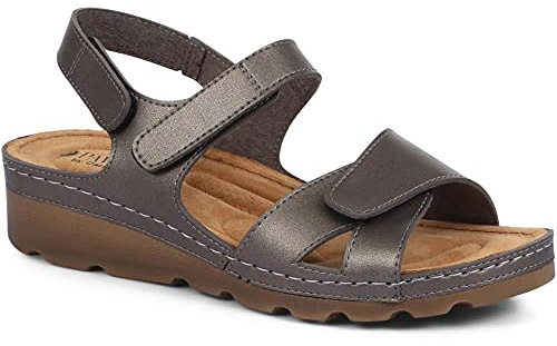 Pavers Women's Sandals in Pewter with Adjustable Soft Straps - Memory Foam Suede Footbed - Comfortable Fit Lightweight Footwear - Size UK 6 / EU 39