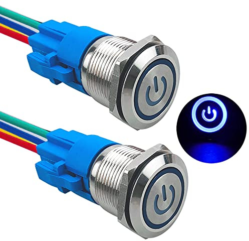 Aiqeer 2 stycken 19 mm låsande tryckknapp, 12 V/24 V 5 A automatisk tändning startbrytare, IP67 vattentät tryckbrytare i rostfritt stål, med förkopplat uttag (blå LED)