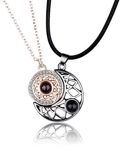 Sonne und Mond Magnetische Pärchen Halsketten, Magnetische Sonne & Mond, Paar Halskette, 100 Sprachen Ich liebe dich Projektion, Halskette für Paare und Beste Freunde
