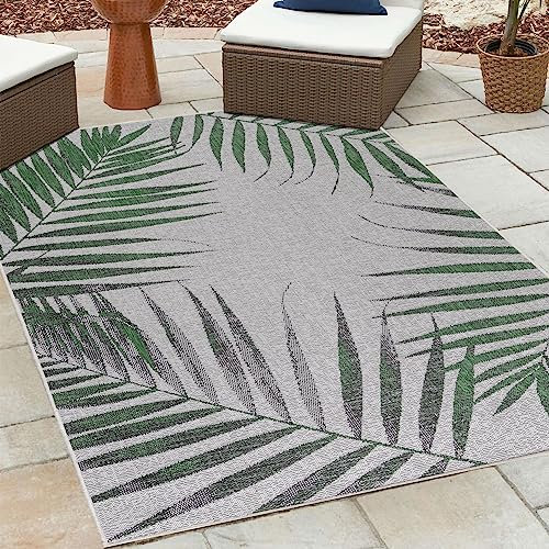 HomebyHome Outdoor Teppich Wetterfest 160x230 cm Sisal Optik Palmen Design Rechteckig Grün - Balkon Teppich Wasserfest Küchenteppich - Für Garten, Terasse, Camping, Außenbereich Teppich