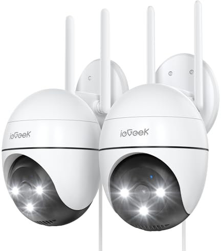 ieGeek (2 Pièces 2K Camera Surveillance WiFi Exterieure, 360° Camera IP, Vision Nocturne Couleur, Détection Humaine et Suivi Automatique, Audio Bidirectionnel, Sirène et Alarme Lumineuse, Stockage