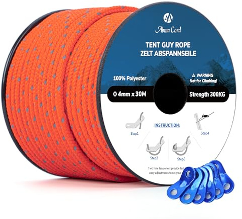 Abma Cord Campingrep 4mm 30M Tältspännlinor Reflekterande med 6St spännare | Camping, Tent, Markis, Gazebo