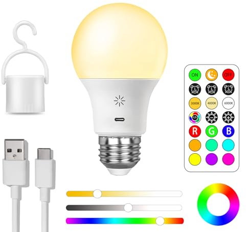USB C Recargable Bombilla Batería con Control Remoto, 8W Inteligente Bombillas RGB Cambio de Color, 9+3 Temperatura De Color, E27 LED Regulable Lampara Control Táctil Con Temporizador, 2600mAh,1 pack