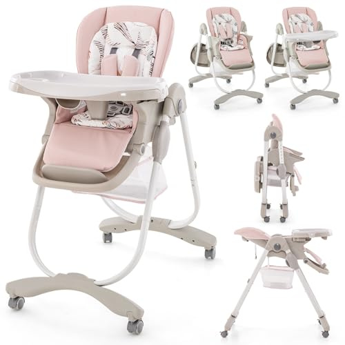 COSTWAY Tronas de Bebe Plegable, Trona Portatil Multifuncional con Ruedas Giratorias, 7 Altura Ajustable, Reposapiés y Respaldo, Bandeja de Comida Extraíble, para 6-36 Meses (Rosa)