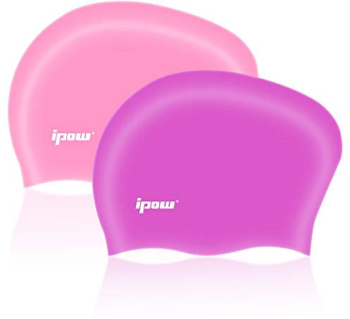 ipow 2-Stück Hochwertige Silikon Badekappe Bademütze Badehaube für Lange Haare gesund und warm Swim Cap (Purple + Pink)