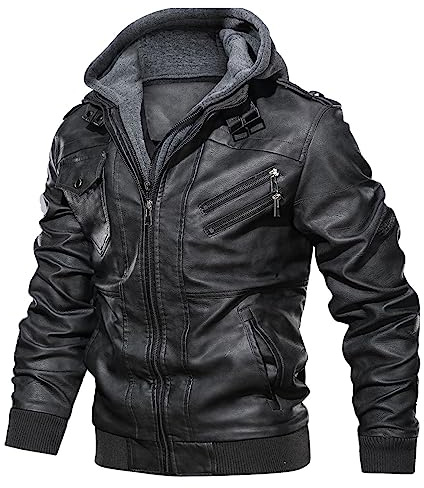 Uusollecy Giacca Pelle Uomo con Cappuccio Staccabile Stile Vintage Giacca di Pelle Uomo in Similpelle, Grigio scuro S