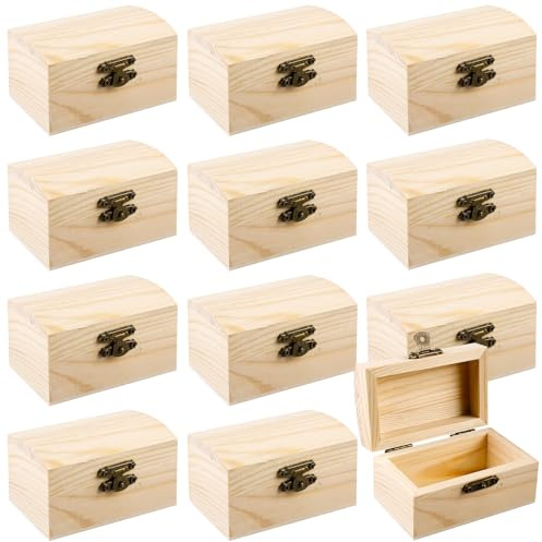 Lot de 12 mini coffres au trésor en bois de pin rectangulaires avec couvercle - 9 x 5,5 x 5 cm - Avec fermeture vintage - Sans gravure - Pour fêtes d'anniversaire et cadeaux