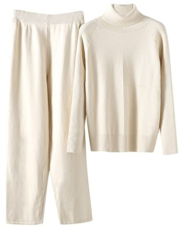 Complete da Donna Eleganti Lana Completi in 2 Pezzi di Lana Curvy Tuta Pullover Maniche Lunghe e Pantaloni a Gamba Larga in Vita Completo Sportivi a Metà Autunno Set Tuta Maglia Polsino Elastico
