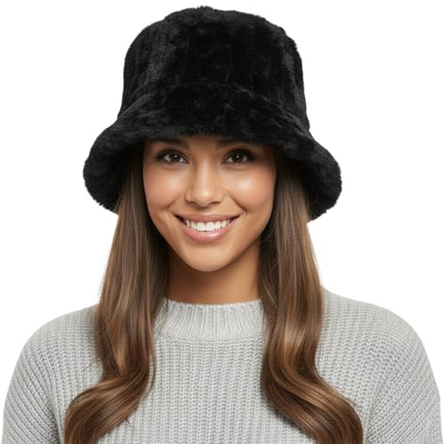 A2Z Ladies Bucket Hats Textured Faux Fur Beanie Stylish Durable Soft Plush - Hat LH1005 Black One Size