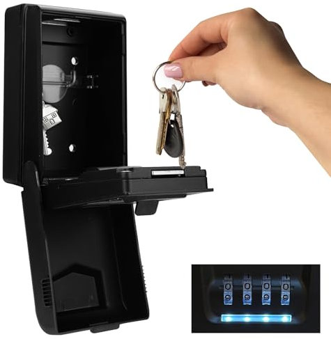 comeder Key Safe Wall Mounted with Light Up Dial, Outdoor Waterproof Key Lock Box 4 Digit Combination, Large Key Safe High Security Lock Box Police Approved for Home Office Garage School (Black)