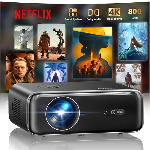 [Built-in Official Apps/4K Support] Smart Outdoor Projector with WiFi and Bluetooth, 800ANSI Movie Projector, DoIby Audio with Dual Speaker, Auto Focus w/ YouTube&PrimeVideo Proyector, Upgrad P62 Pro