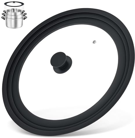 13-14-15 in Universal Lid for Oversized Pots, Pans and Skillets, Extra Large Pot Lid Tempered Glass Lid with Heat-Resistant Silicone Edge, Cookware Lids, Replacement Frying Pan Cover, Black