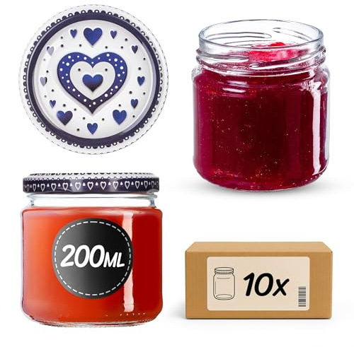 KADAX Juego de 10 tarros para conservas de 200 ml con tapa Twist-Off de 66 mm de diámetro, herméticos, aptos para lavavajillas, ideales para mermeladas y conservas