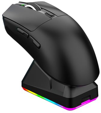 Plyisty Lightweight Gaming Mouse, RGB Light 3 Mode Connection with 6 Adjustable DPI 800 12000, 7 Customizable Buttons, with Magnetic Charging Base (Black)