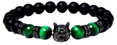 Bracelet Porte-bonheur à Breloque Tête de Loup, Pierre de Lave, Anti-anxiété, énergie, Perles, (Un tigre vert FD4416)