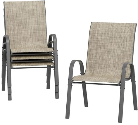 Amopatio Sillas Apilables de Exterior Set 4, Sillas Terraza Metal y Textilene con Brazos y Respaldo Alto, Impermeable, Anticorrosión, Carga 150kg, 72x60x96 cm, Marrón
