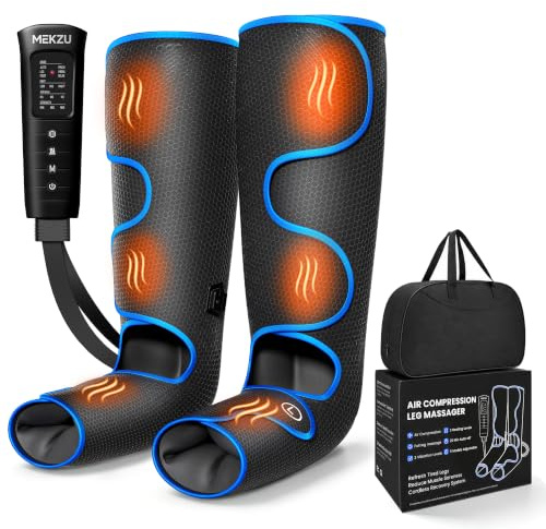 MEKZU Luftkompressionsbenmassage med värme, 6 massagelägen, 3 vibrationsinställningar, fotmassagestängor för cirkulation och smärtlindrande cirkulation och daglig avkoppling för äldre och vuxna