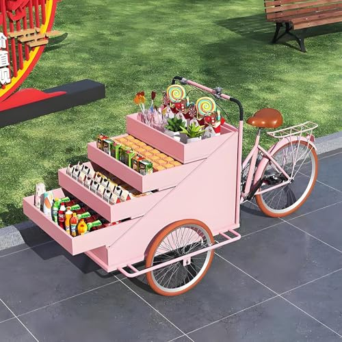 Mobil mattrehjuling varuautomat med 4-lagers displayställ, lastcykel trehjuling för snacks och drycker, 3-hjuls matlastbil för utomhusevenemang