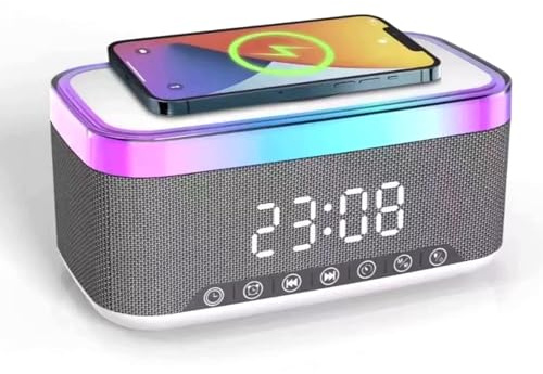 Bluetooth-väckarklocka med trådlös laddning, 15 W, digital radioväckarklocka, digital bluetooth-ljuduppvakning, uppkopplad väckarklocka med 6 färger nattlampa, dubbelt larm för säng och kontor (vit)