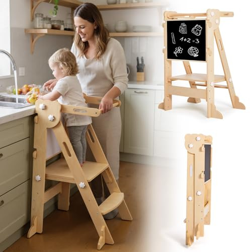 Labebe Torre de Aprendizaje Plegable Niños, Montessori Learning Tower con Tablero de Dos Caras, 3 en 1 Multifuncional Torre Ajustable en Altura y Ancho Torre Aprendizaje (Madera)