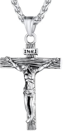 U7 Jesus Cross Necklace for Men Women, Stainless Steel INRI Crucifix Pendant, Silver Religious Necklaces, Mens Faith Jewelry Gift for Christian Believers