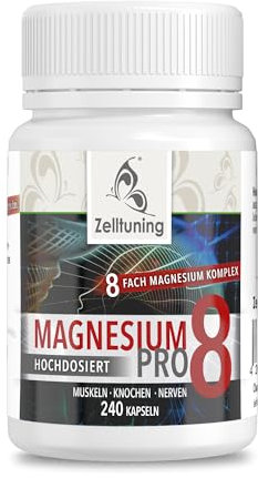 Zelltuning Magnesium-Komplex Pro 8, Optimal Bioverfügbar, hochdosiert mit natürlichen Spurenelementen, ideal als Vitamin D-Aktivator geeignet, 240 kleine Kapseln, leicht zu schlucken. Vegan.