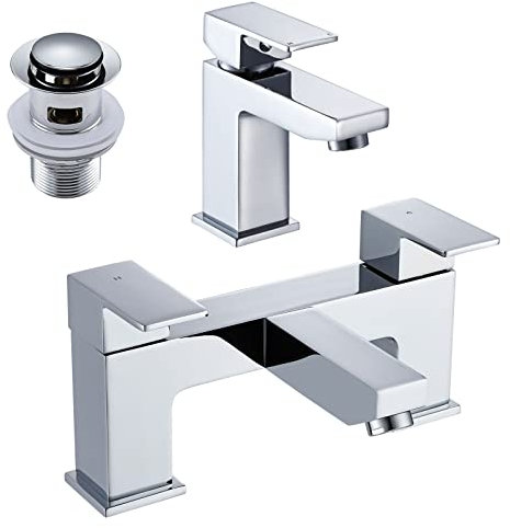 Bath Tap and Basin Taps with Basin Waste Set, Hapilife Modern Monobloc Bathroom Sink Mixer Taps and Dual Lever Bath Tub Filler Tap with Pop Up Waste, Chrome Bathtub Faucet