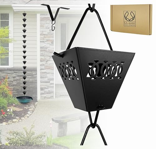 U-nitt Rain Chain Water Collection for Gutters Rainwater Catcher & Diverter, 8.5 FT Chains for Outside Garden, Black Square Cups, Roof Downspout, Works with Heavy Rain, w/Gutter Clip for Rainchains