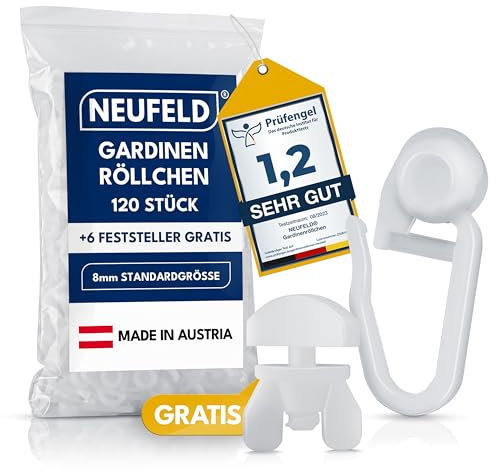 NEUFELD® 120 Gardinenröllchen für Innenlauf Schienen (inkl. 6 Feststeller) I Waschfeste Vorhangrollen I Gardinenhaken Gleiter [8mm Standardgröße] (120)